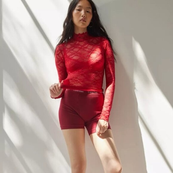 NEW Urban Outfitters Out From Under Luna Sheer Mock Neck Top Cherry Red XS - Picture 1 of 4